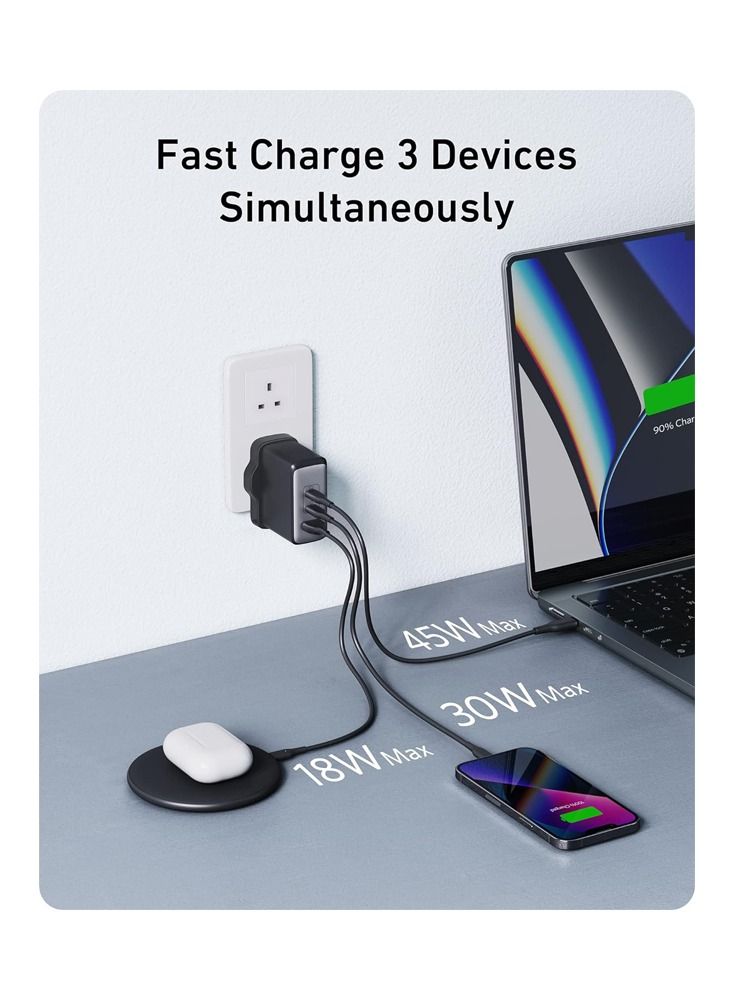 Mi techo fast travel charger gan 3Ports 65w type c travel adapter international travel usb C plug uk plug wall laptop charger compatible for macbook hp dell lenovo iphone ipad black - Image 4