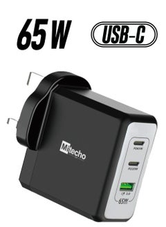 Mi techo Mi techo fast travel charger gan 3Ports 65w type c travel adapter international travel usb C plug uk plug wall laptop charger compatible for macbook hp dell lenovo iphone ipad black  - Image 1