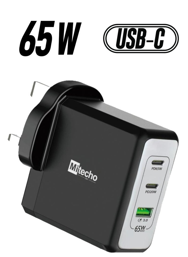 Mi techo fast travel charger gan 3Ports 65w type c travel adapter international travel usb C plug uk plug wall laptop charger compatible for macbook hp dell lenovo iphone ipad black - Image 1