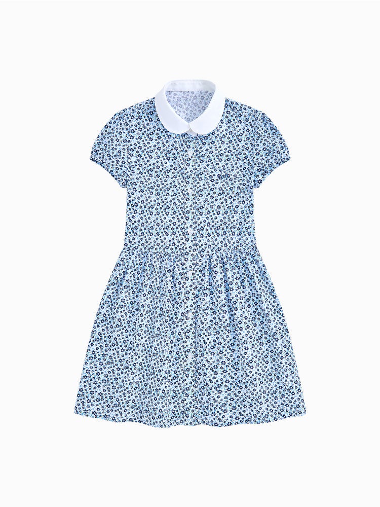 بالابالا فستان قميص بأكمام قصيرة - نقشات زهور مع أزرار أمامية وياقة كلاسيكية للبنات - Image 1