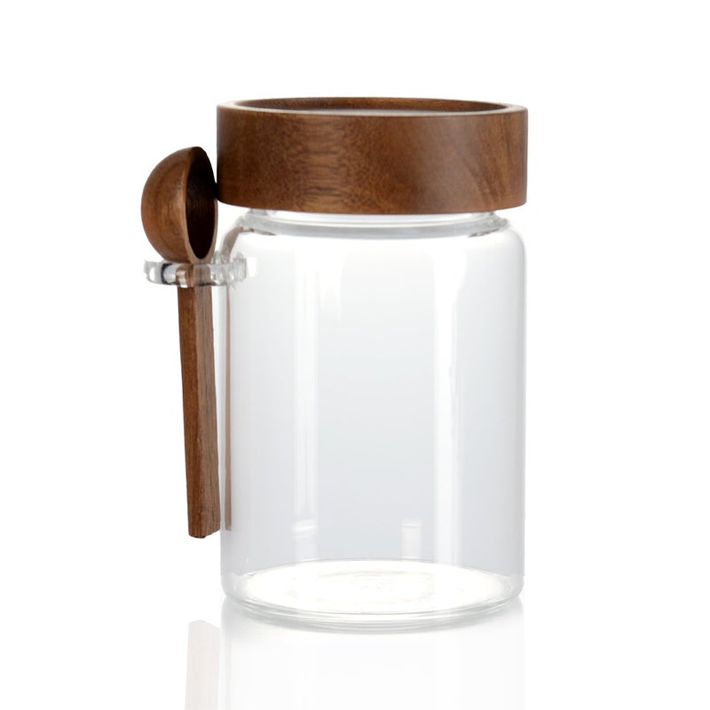 MOLADRI 15 oz/450 ml Glass Storage Canister with Airtight Wooden Lid, Clear Small Decorative Container Jar with Spoon for Salad Overnight Oats Snacks Yogurt Cereal Fruit Spice Sugar Coffee Candy Salt - Image 1