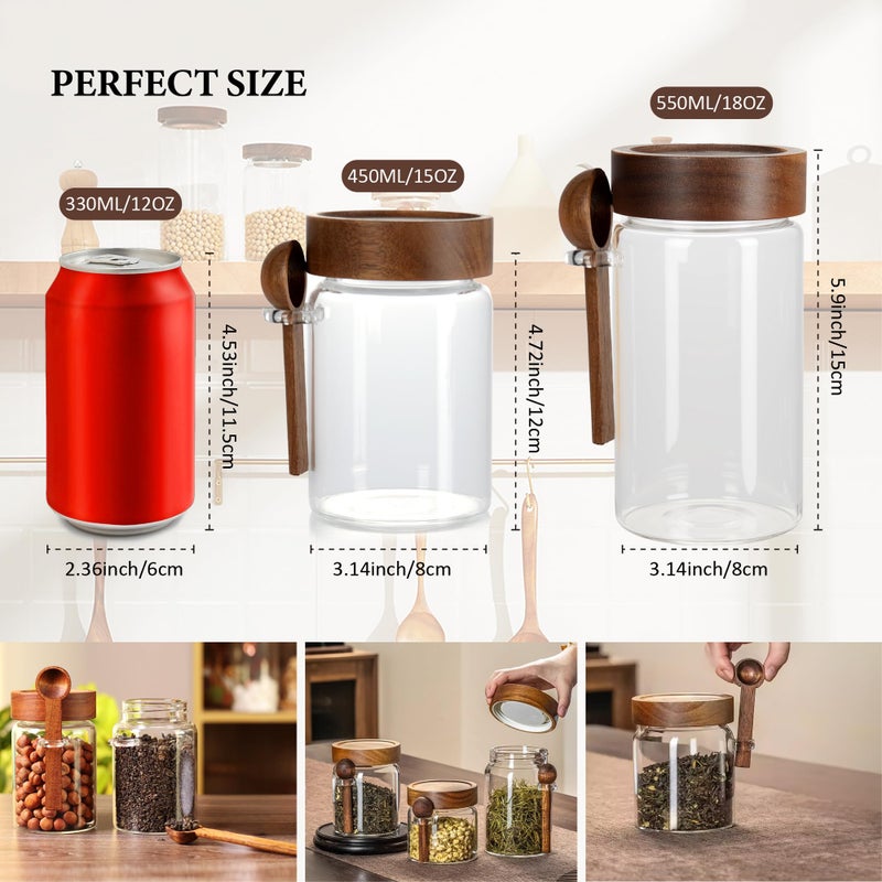 MOLADRI 15 oz/450 ml Glass Storage Canister with Airtight Wooden Lid, Clear Small Decorative Container Jar with Spoon for Salad Overnight Oats Snacks Yogurt Cereal Fruit Spice Sugar Coffee Candy Salt - Image 2