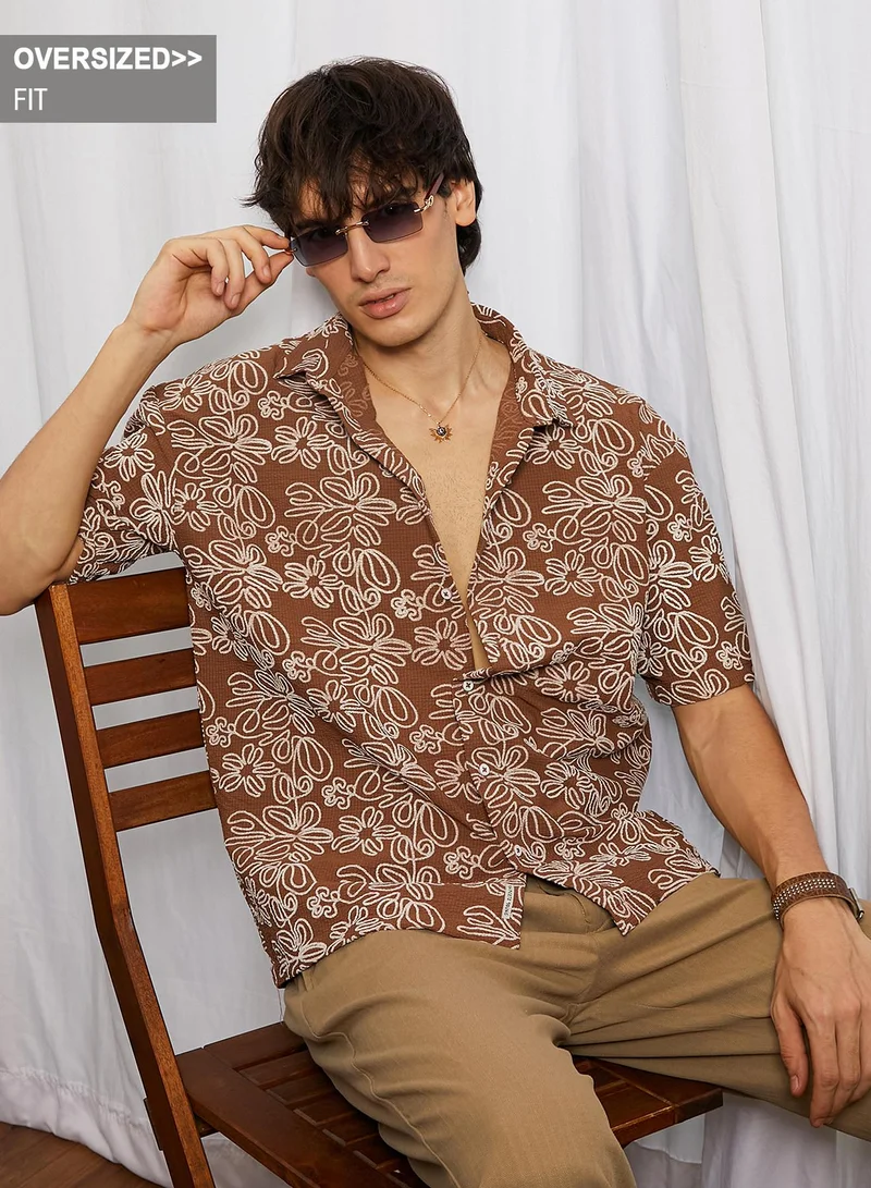 Campus Sutra Campus Sutra Men's Mocha Brown Floral-Lined Oversized Shirt For Casual Wear | Spread Collar | Short Sleeve | Button Closure | Oversized Shirt Crafted With Comfort Fit For Everyday Wear