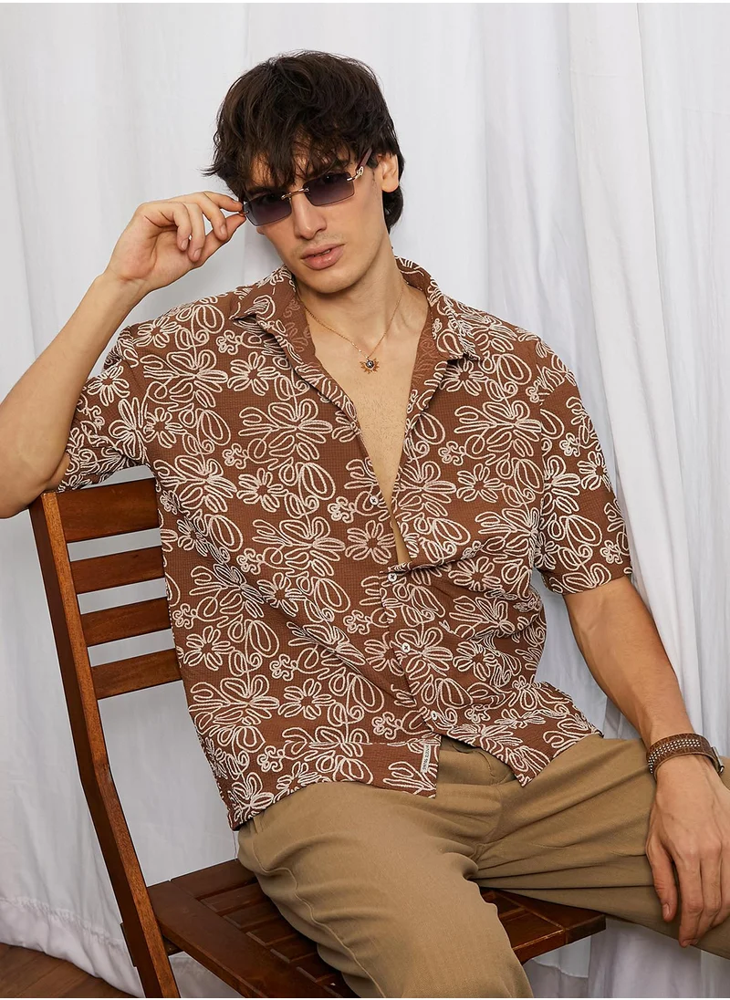 Campus Sutra Men's Mocha Brown Floral-Lined Oversized Shirt