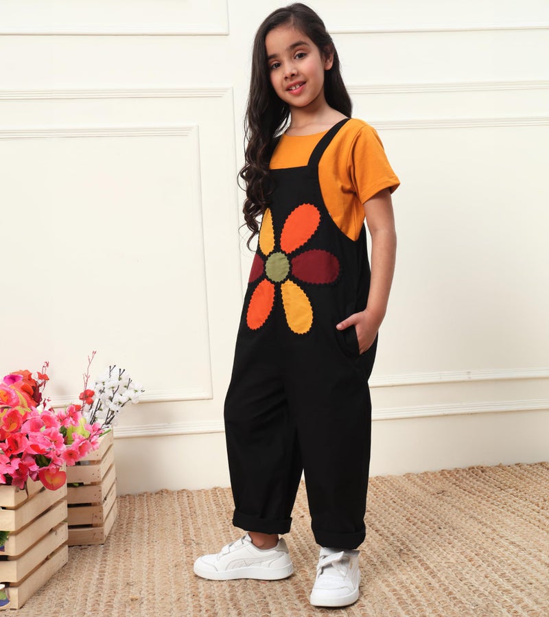 Bugandbees Patch Work Cotton Poplin Jumpsuit for Girls|Straps Shoulder Jumpsuit for 3 Years to 13 Years Kids|Party Casual Wear Western Stylish Latest Summer Collection (BBJU00000146_12-13Y_Black) - Image 2