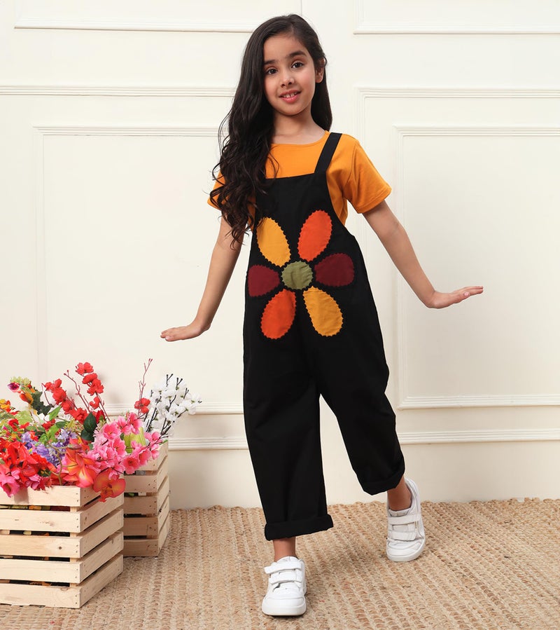 Bugandbees Patch Work Cotton Poplin Jumpsuit for Girls|Straps Shoulder Jumpsuit for 3 Years to 13 Years Kids|Party Casual Wear Western Stylish Latest Summer Collection (BBJU00000146_12-13Y_Black) - Image 4
