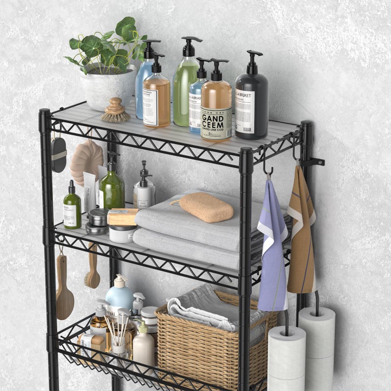 Hodonas Over The Toilet Storage Shelf, Adjustable Bathroom Organizer with Toilet Paper Holder & 8 Hooks, 3 Tier Sturdy Metal Space Saver for Bathroom/Kitchen, Easy Assembly Above Toilet Shelf, Black - Image 4