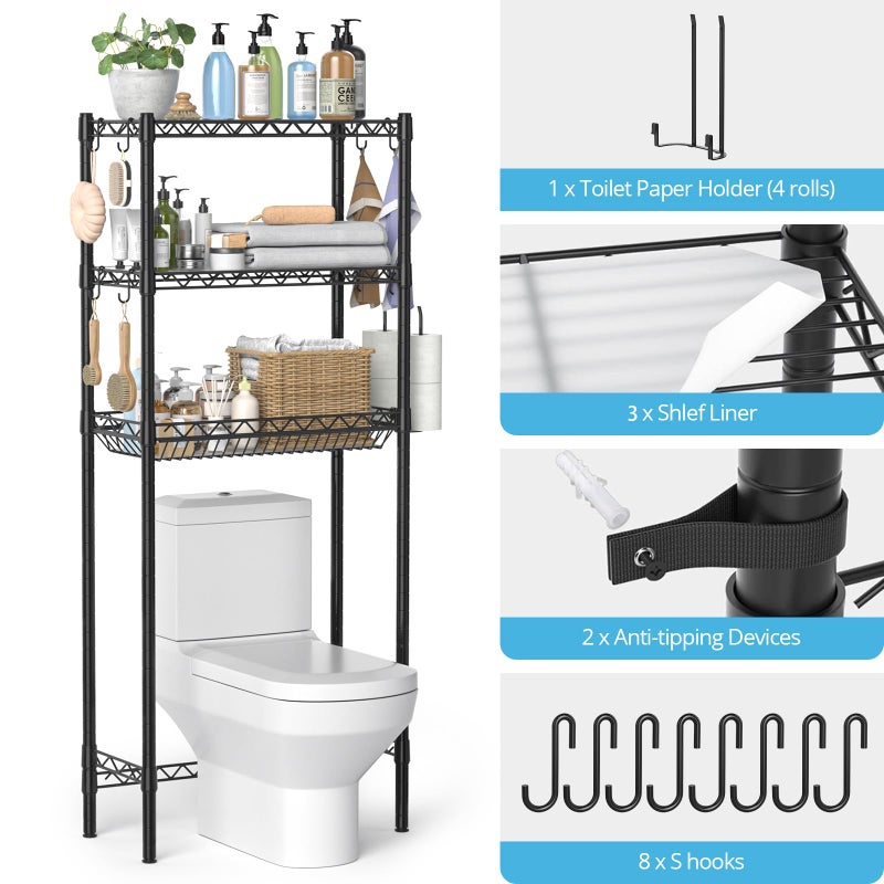 Hodonas Over The Toilet Storage Shelf, Adjustable Bathroom Organizer with Toilet Paper Holder & 8 Hooks, 3 Tier Sturdy Metal Space Saver for Bathroom/Kitchen, Easy Assembly Above Toilet Shelf, Black - Image 3