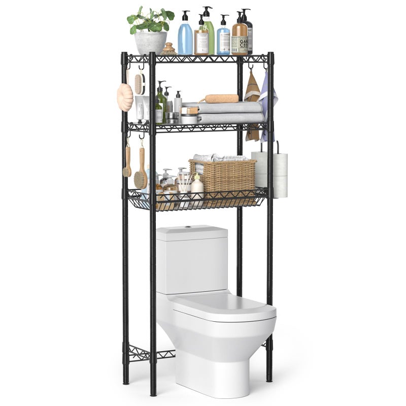 Hodonas Over The Toilet Storage Shelf, Adjustable Bathroom Organizer with Toilet Paper Holder & 8 Hooks, 3 Tier Sturdy Metal Space Saver for Bathroom/Kitchen, Easy Assembly Above Toilet Shelf, Black - Image 1