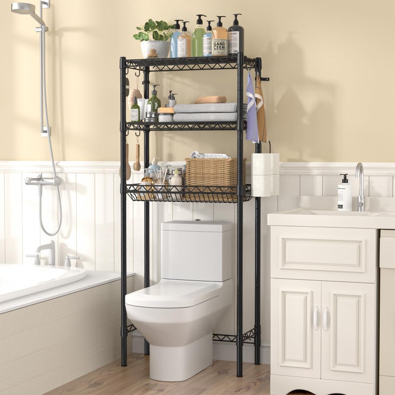 Hodonas Over The Toilet Storage Shelf, Adjustable Bathroom Organizer with Toilet Paper Holder & 8 Hooks, 3 Tier Sturdy Metal Space Saver for Bathroom/Kitchen, Easy Assembly Above Toilet Shelf, Black - Image 2