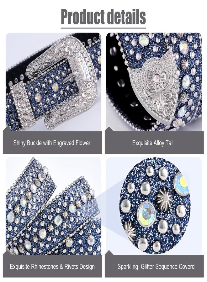 FIORETTO Men Women Rhinestone Belt Bling Western Studded Leather Belt Shining Diamond Waist Belt for Cowgirl Cowboy Jeans, 05 Shine-blue, M:fits waist size 33"-37" - Image 2