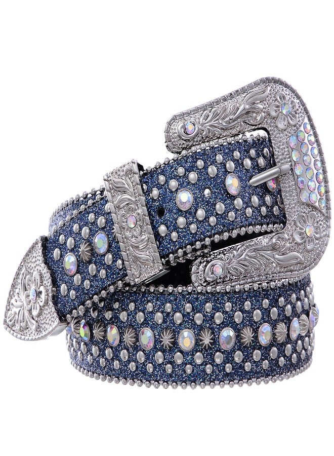 FIORETTO Men Women Rhinestone Belt Bling Western Studded Leather Belt Shining Diamond Waist Belt for Cowgirl Cowboy Jeans, 05 Shine-blue, M:fits waist size 33"-37" - Image 1