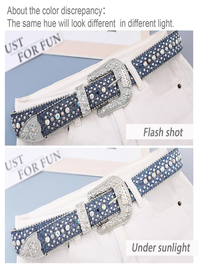 FIORETTO Men Women Rhinestone Belt Bling Western Studded Leather Belt Shining Diamond Waist Belt for Cowgirl Cowboy Jeans, 05 Shine-blue, M:fits waist size 33"-37" - Image 4