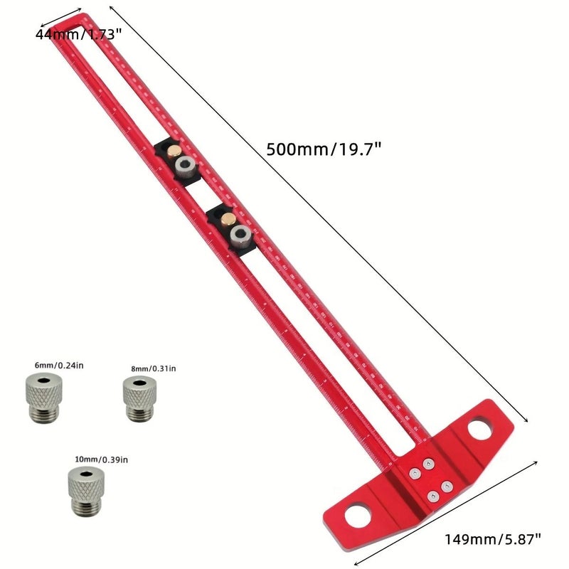 Red Aluminum T-Type Ruler 500mm Scribing Tool with Drill Sleeves - Image 3