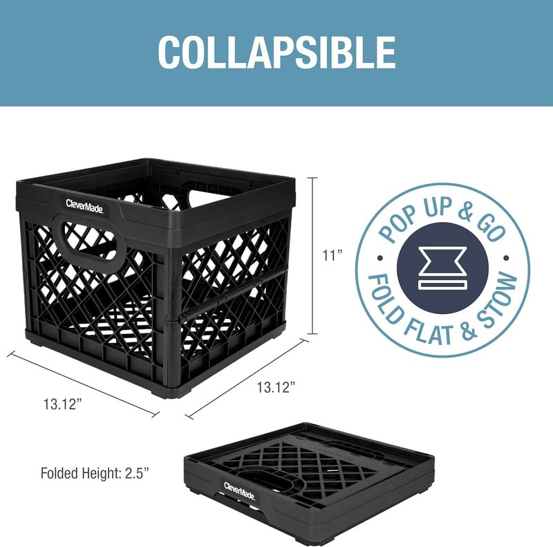 CleverMade Collapsible Milk Crate Obsidian 1PK  25L 6 Gal Stackable Storage Bins Holds 50lbs Per Bin  Clevercrates are Heavy Duty Plastic Collapsible Storage Crate for Multi Purposes - Image 2