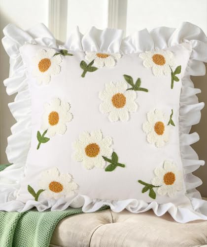 Kokaaee Embroidered Throw Pillow Cover 18x18 Decorative Pillow Cover with Zipper Aesthetic Cute Design Boho Spring Summer Throw Pillowcase for Living Room Couch Sofa Bed Ruffle Daisy - Image 1