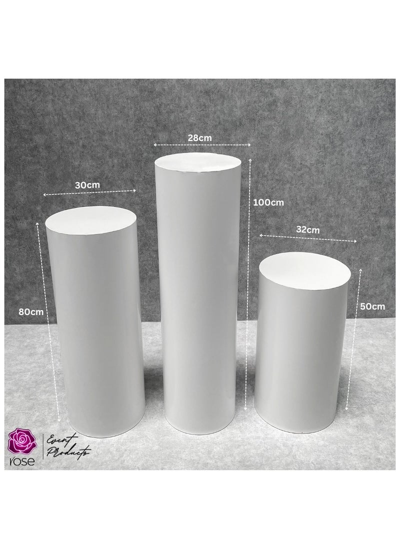 Rose - Metal Display Pedestal Stand, White Cylinder Pedestal Stands for Parties Wedding Birthday Decoration, Cake Stand Dessert Display (Set of 3) - Image 1