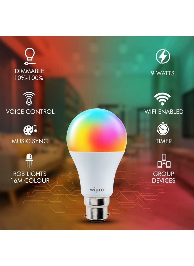 WIPRO - wipro 9W B22D WiFi LED Smart Bulb with Music Sync Function, Compatible with Amazon Alexa and Google Assistant (16M Colours, Warm White/Neutral White/White + Dimmable) Pack of 4 - Image 1