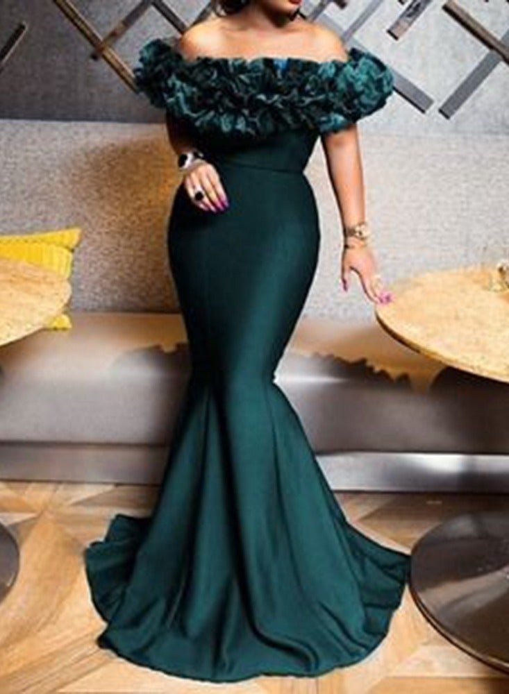 NIBEMINENT Elastic Knitted Strap Women's Dress With Lotus Leaf One-shoulder Slimming Small Tail  - Image 1