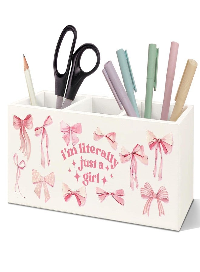 SNNDER Pink Coquette Bow Preppy Pen Holder, Preppy Desk Decor, I'm Literally Just a Girl Pink Girly Acrylic Pen Pencil Holder Organizer for Home Girls Room Dorm Office Desk Accessories - Image 1