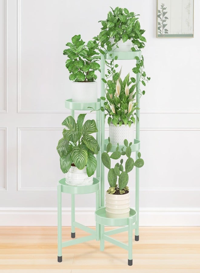 iDavosic.ly Plant Stand Indoor Outdoor, 5 Tier Corner Metal Flower Display Holder Shelf, Easy Assembly Folding Tall Orchid Rack for Patio Balcony Porch Garden Living Room House, Light Green - Image 1