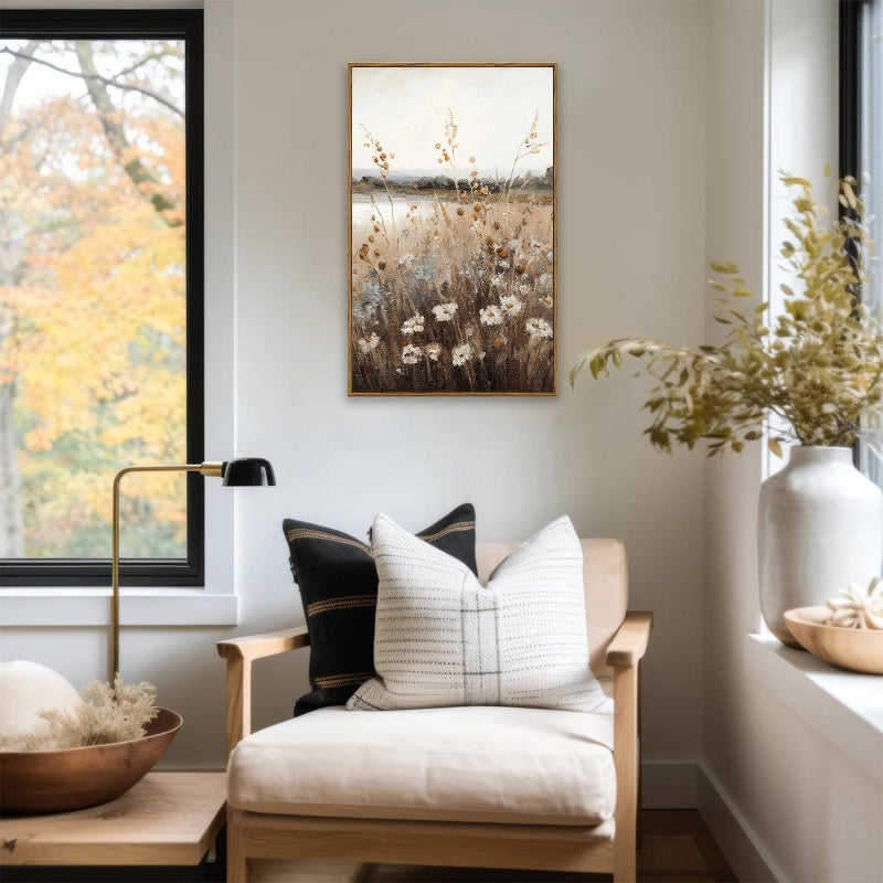 KBKBART Vintage Wall Art Framed, Retro Countryside Autumn Wildflower Field Landscape Canvas Painting Farmhouse Decor Wall Art, Rustic Fall Landscape Bathroom Wall Decor for Bedroom Living Room, - Image 5