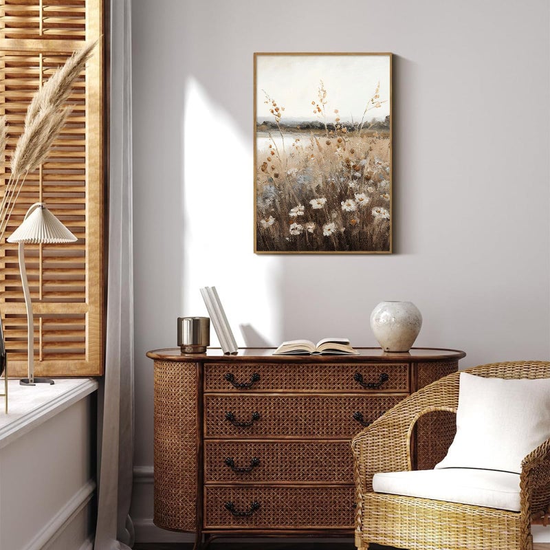 KBKBART Vintage Wall Art Framed, Retro Countryside Autumn Wildflower Field Landscape Canvas Painting Farmhouse Decor Wall Art, Rustic Fall Landscape Bathroom Wall Decor for Bedroom Living Room, - Image 3