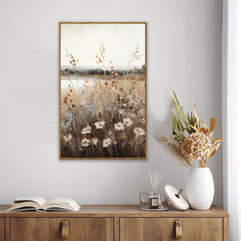 KBKBART Vintage Wall Art Framed, Retro Countryside Autumn Wildflower Field Landscape Canvas Painting Farmhouse Decor Wall Art, Rustic Fall Landscape Bathroom Wall Decor for Bedroom Living Room, - Image 4