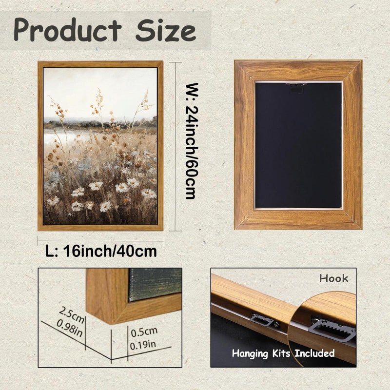 KBKBART Vintage Wall Art Framed, Retro Countryside Autumn Wildflower Field Landscape Canvas Painting Farmhouse Decor Wall Art, Rustic Fall Landscape Bathroom Wall Decor for Bedroom Living Room, - Image 2