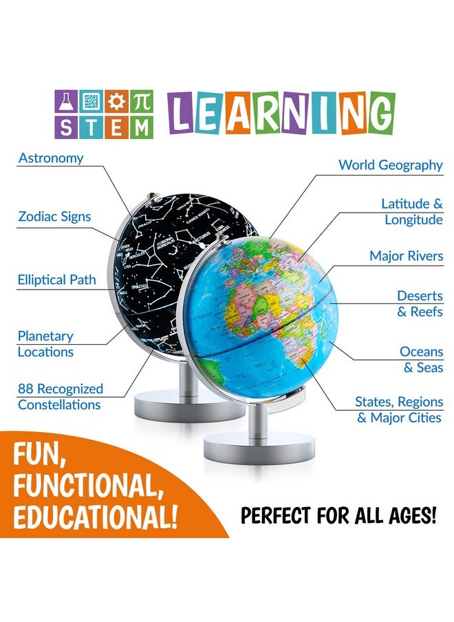 USA Toyz - Illuminated Globe For Kids Learning Globes Of The World With Stand 3 In 1 Stem Kids Globe, Constellation Night Light Desk World Globe Lamp Built In Led Light, Non Tip Metal Base, 9.75” Tall - Image 1