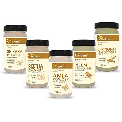 Origenz Hair Care 5 Products Combo 500gm - Amla Reetha Shikakai Bhringraj Neem Powder for Pack, Wash, Mask, Shampoo, Dandruff, Cleanser | Natural Conditioner Seedless Powders Kit | In Jar (100 gm X 5) - Image 1