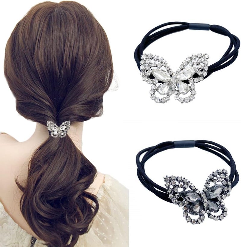 Xiwstar 2Pcs Elegant Women Girls Hair Scrunchies Crystal Rhinestone Butterfly Hair Ties Bands Accessories Ponytail Holder - Image 1