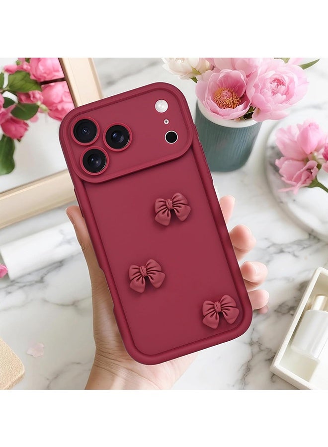 Wffo Compatible with iPhone 17 Pro Max Phone Case - 3D Wine Red Bow Case Phone Case - Solid Color Phone Case - TPU Shockproof Protective Phone Cover - Wine Red - Image 2