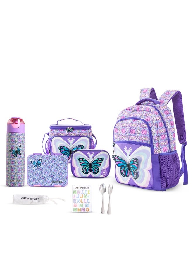 Eazy Kids Eazy Kids 18" Set of 5 Backpack w/ Water Bottle, Lunch Box, Lunch Bag and Pencil Case - 3D Butterfly Purple  - Image 1