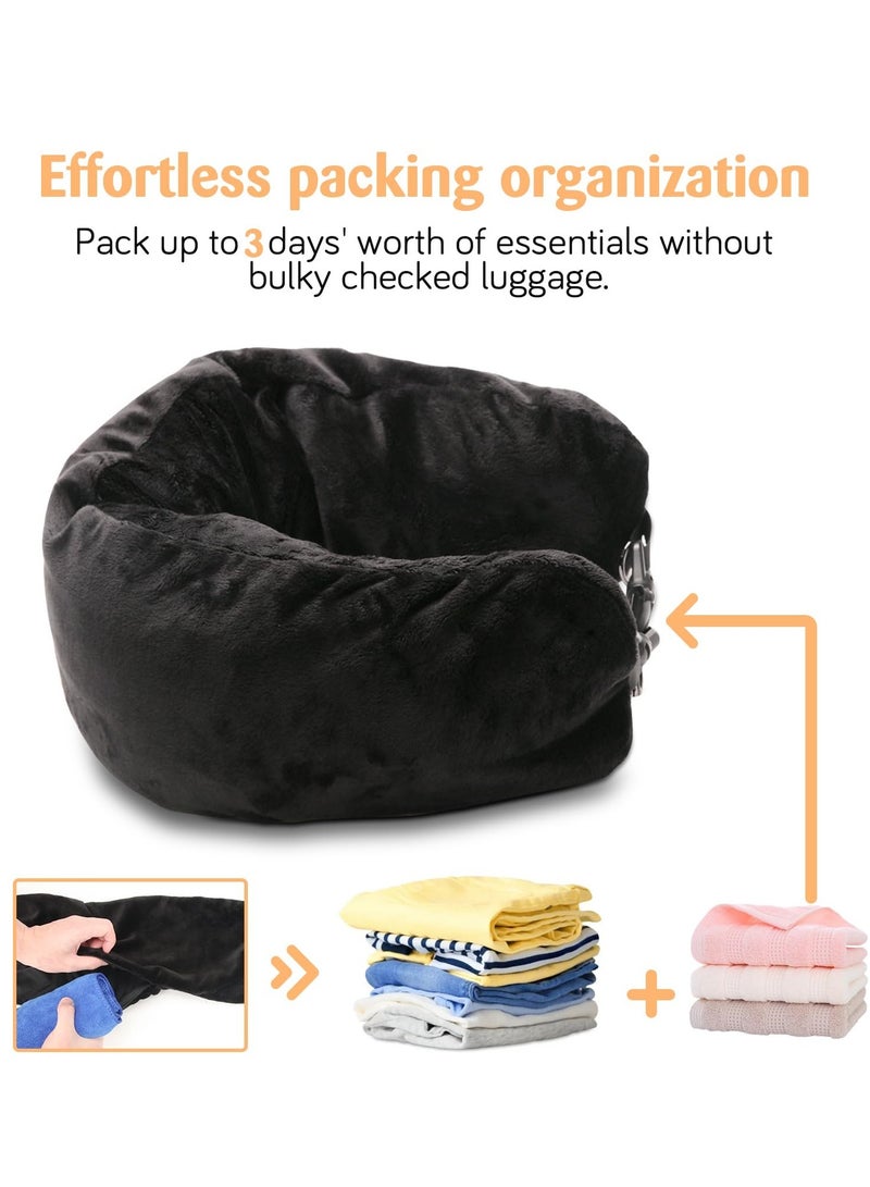 Zikra Travel Pillow Stuffable with Clothes, Transformable and Expandable Luggage Carry-On Solution, Fits 3 Days' Essentials, Only Travel Pillowcase, No Filler, Black Elastic Velvet - Image 2