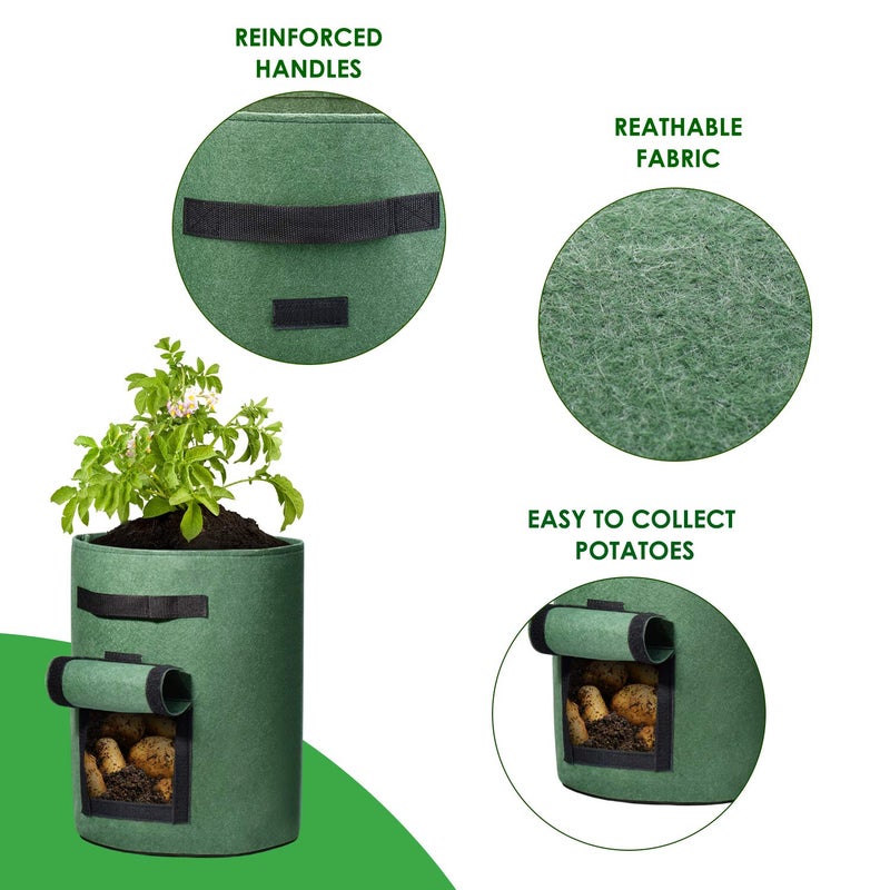 Delxo 5 Pack 10 Gallon Potato Grow Bags, Garden Planting Growing Bag with Flap, Double Layer Breathable Nonwoven Cloth for Potatoes/Planter/Vegetable/Tomato Fabric Pots with Handles Green - Image 1