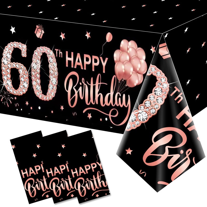 3 Pack Pink Rose Gold 60th Birthday Tablecloth Decorations  Happy Sixty Theme Plastic Disposable Rectangular Table Cloth Decor