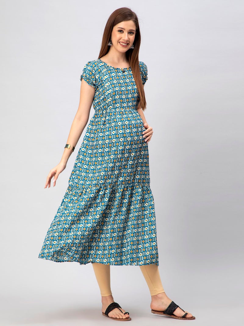 CEE 18 Women's Cotton Rayon A-Line Maternity Dress/Feeding Kurti with Zippers(9845_36,Catchy Peacock,36) - Image 3