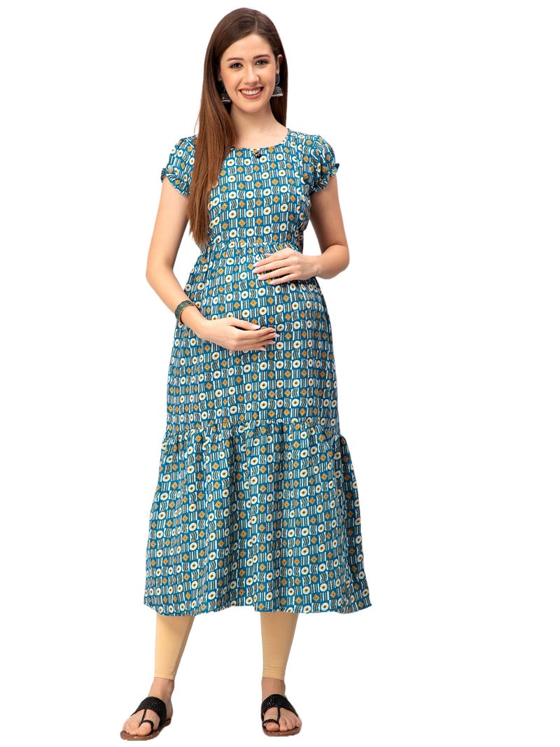 CEE 18 Women's Cotton Rayon A-Line Maternity Dress/Feeding Kurti with Zippers(9845_36,Catchy Peacock,36) - Image 1
