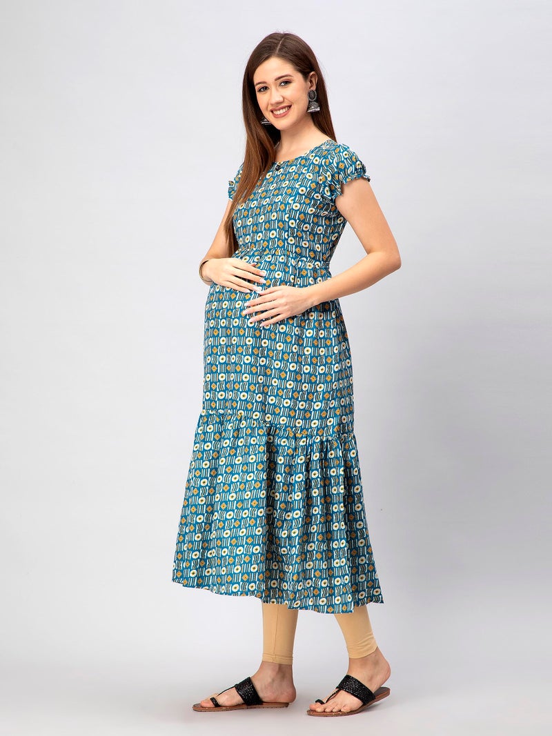 CEE 18 Women's Cotton Rayon A-Line Maternity Dress/Feeding Kurti with Zippers(9845_36,Catchy Peacock,36) - Image 2