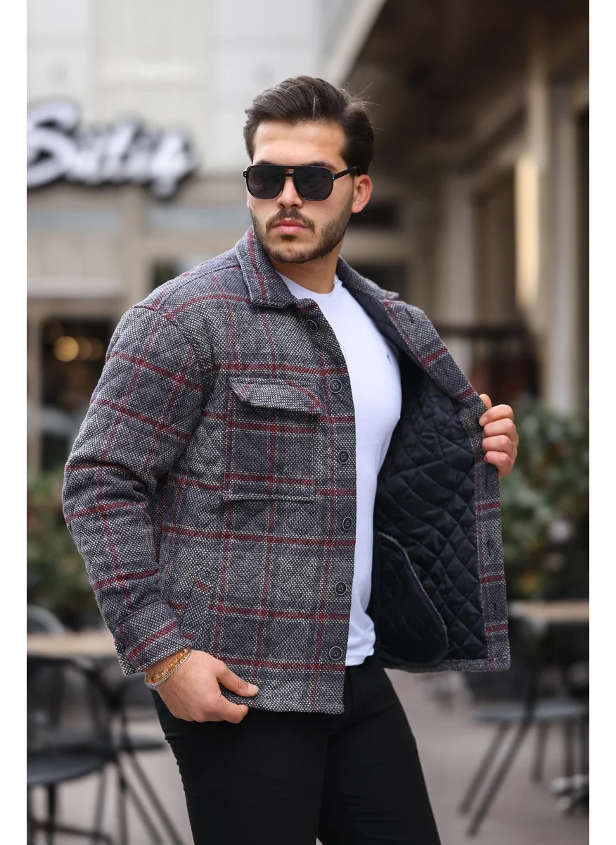 Miron Smoke Claret Red Checkered Quilted Detail Regular Fit JACKET-2453