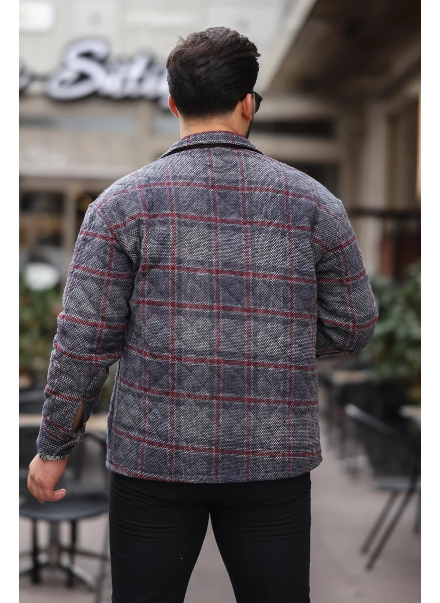 Miron Smoke Claret Red Checkered Quilted Detail Regular Fit JACKET-2453