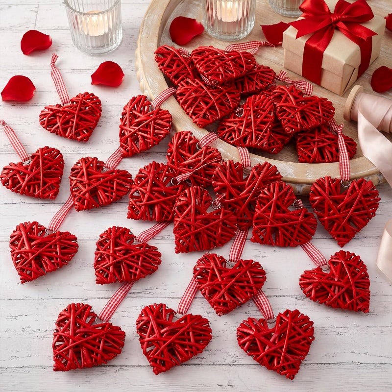 Junkin 12 Pcs Valentine's Day Heart Ornaments 4 Inch Rattan Heart Shape Tree Ornament Handmade Red Wicker Vase Bowl Fillers Valentine's Day Decorations for Tree Home Wedding Party Decor (Ramantic) - Image 1