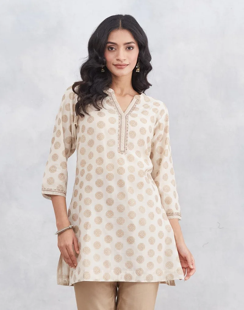 Fabindia Natural Cotton Silk Printed Slim Fit Short Kurta