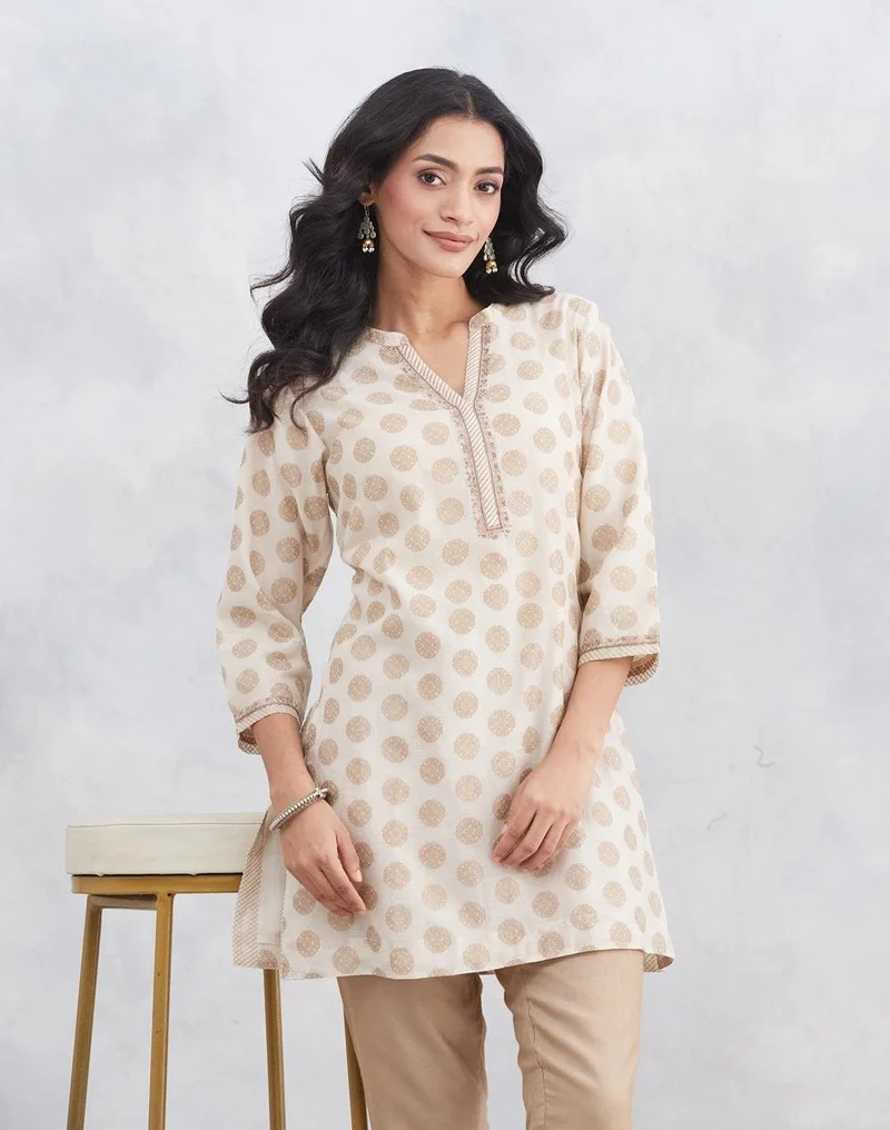 Fabindia Natural Cotton Silk Printed Slim Fit Short Kurta