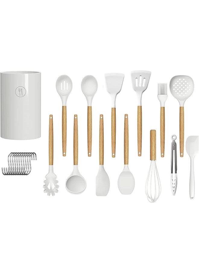 Reliable Arc - Arc Kitchen Cooking Utensils Set, 27 pcs Non-Stick Cooking Kitchen Utensils Set with Holder, Wooden Handle Silicone Kitchen Gadgets Utensil Spatula Set (White) - Image 1