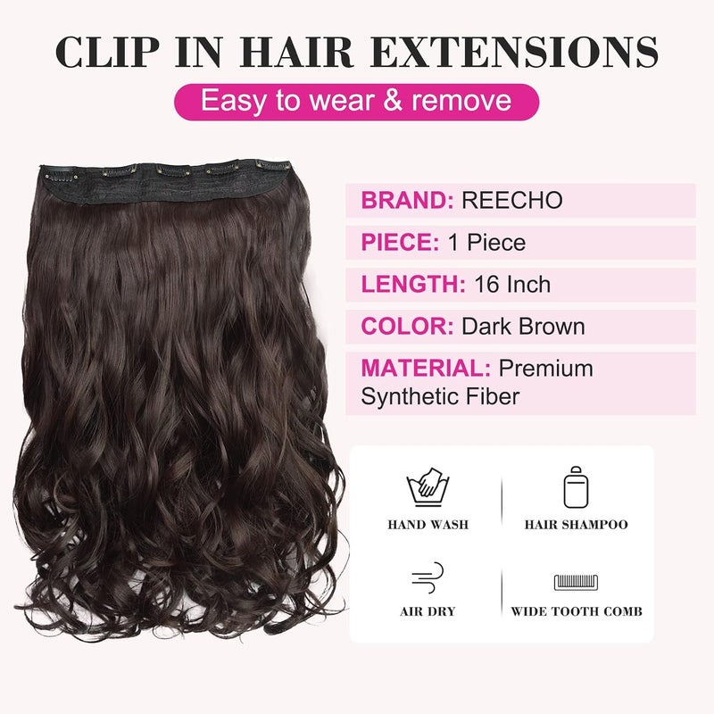 REECHO 16" 1-Pack 3/4 Full Head Curly Wavy Clips in on Synthetic Hair Extensions HE008 Hairpieces for Women 5 Clips 3.9 Oz per Piece - Dark Brown - Image 2