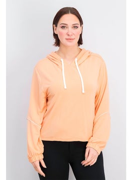 Women Hood With Drawstring Solid Sweatshirt, Cantaloupe