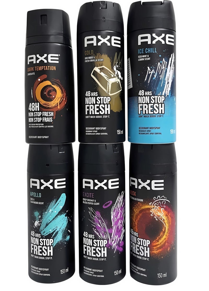 AXE deodorant spray for both genders, composed of various scents, 150ml x 6 pack