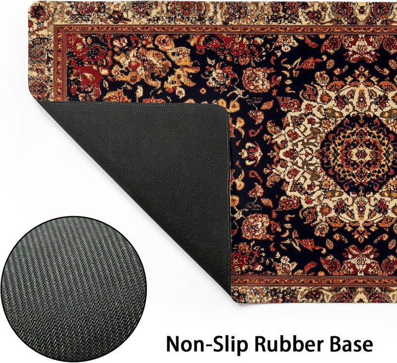 aportt Vintage Rug Gaming Mouse Pad XL Dark Brown Retro Carpet Aesthetic Extended Large Mat Mousepad Desk Pad Non-Slip Rubber Base Stitched Edge Flower Keyboard Pad Playmat for Computer,31.5×11.8 Inch - Image 3